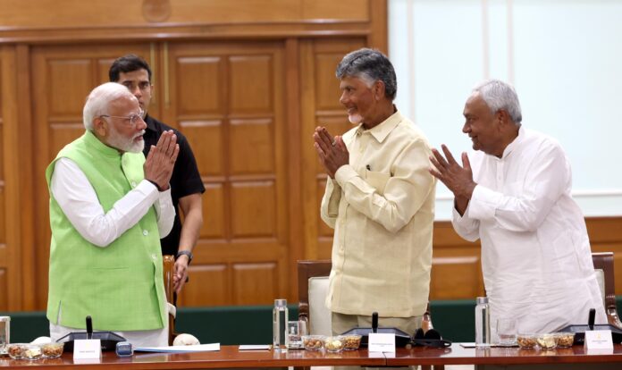 PM Narendra Modi and TDP chief Chadrababu Naidu and Bihar CM Nitish Kumar in NDA meeting